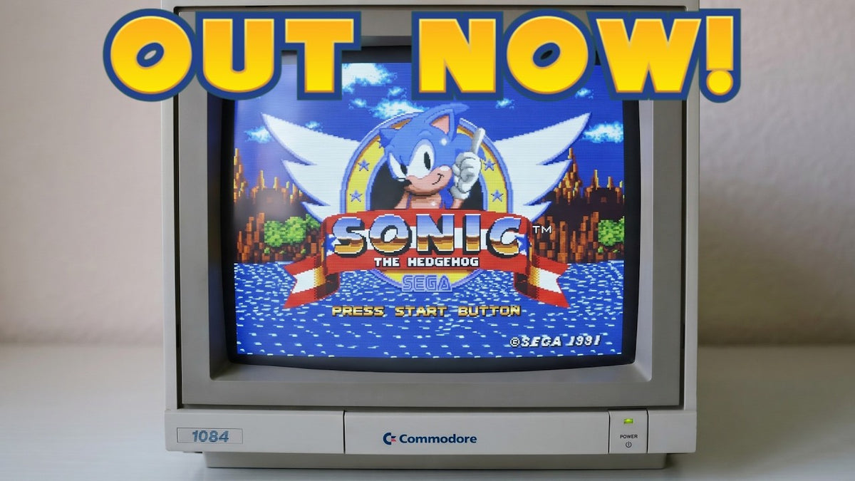 Sonic the Hedgehog running on an Amiga displayed on a Commodore CRT with the words ‘Out Now!’