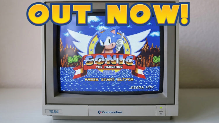 Sonic the Hedgehog running on an Amiga displayed on a Commodore CRT with the words ‘Out Now!’