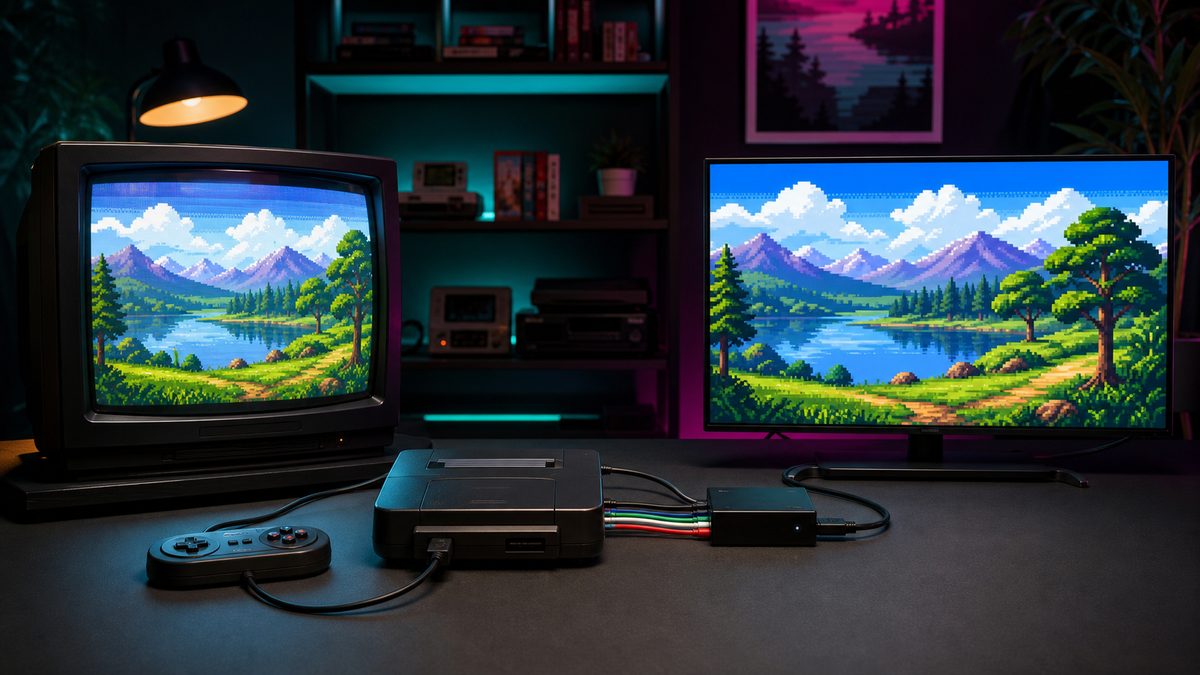 An unbranded retro console connected through an external upscaler to a CRT television and a modern flat-panel display.