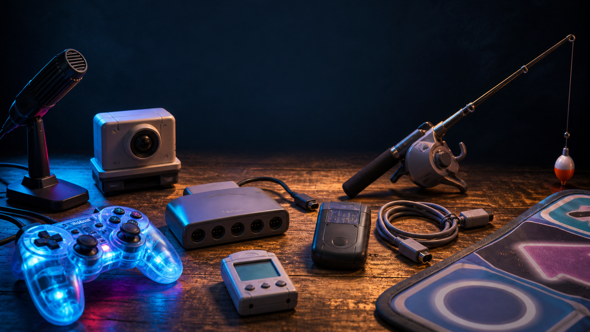 A collection of retro gaming accessories including a microphone, camera, fishing controller, memory screen and dance mat