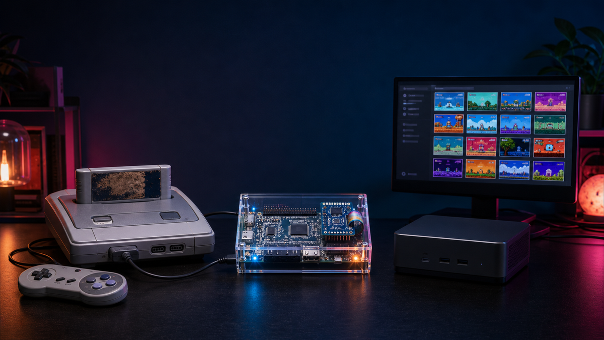 An original-style cartridge console, an FPGA board and a mini PC sit side by side on a dark desk