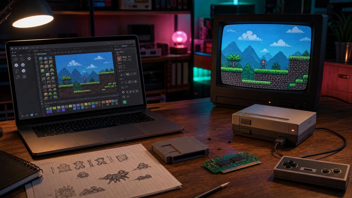 A laptop pixel-art editor beside an unbranded retro console and CRT displaying a newly developed homebrew game.