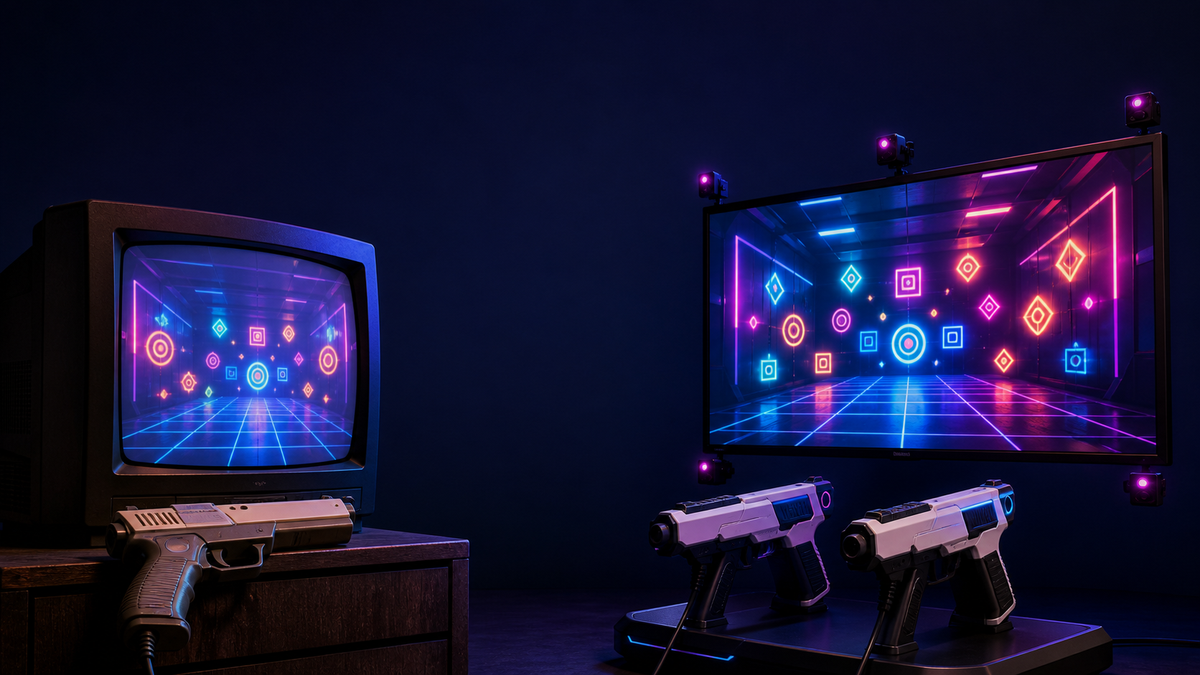 A classic CRT light gun setup is compared with two modern camera-tracked guns aimed at a neon target display