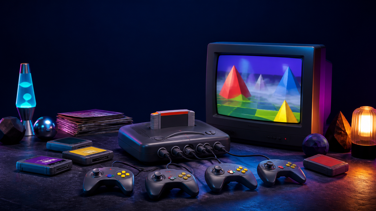 A late-1990s cartridge console with four controllers and colourful games sits beside a CRT showing a low-poly landscape