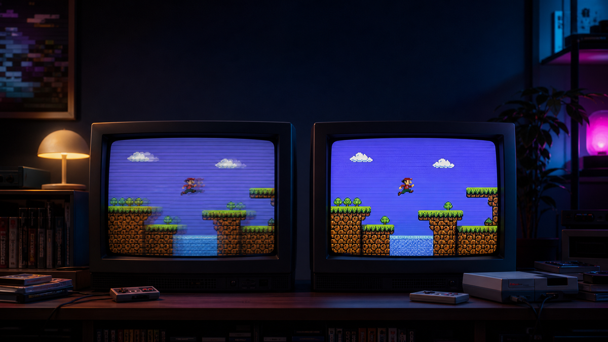 Two CRT televisions compare a slower blurred retro platform game with a smoother version in a dark games room