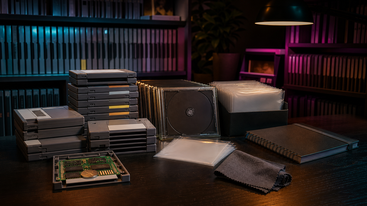 Retro game cartridges, optical discs and archival storage materials arranged on a collector’s desk.