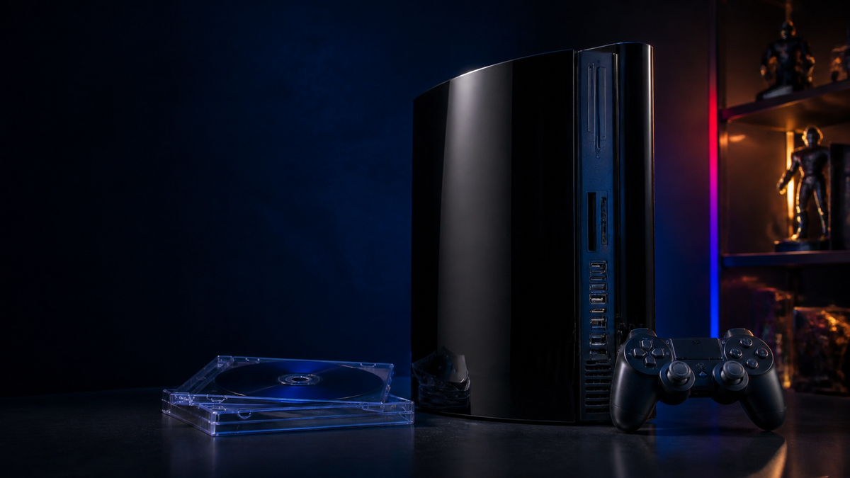 A glossy black mid-2000s games console with a wireless controller and optical discs displayed under blue light