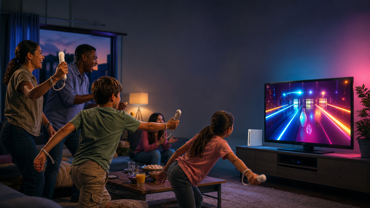 A family plays an unbranded motion-controlled bowling game together in a warmly lit living room